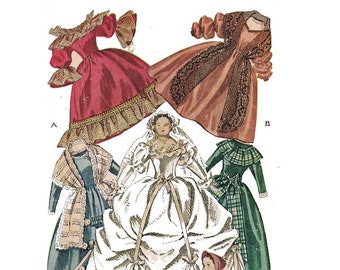 Modello vintage per bambole e vestiti per bambole 1292 per bambole Goody Lady Book - Costumi del 1860 circa - Download PDF stampabile - Abito da sera, Abito da tè