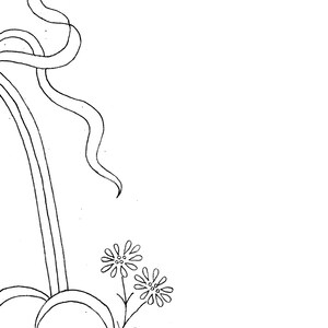 May include: A black and white line drawing of a flower with a large center and multiple petals. The flower is surrounded by smaller flowers with five petals each.