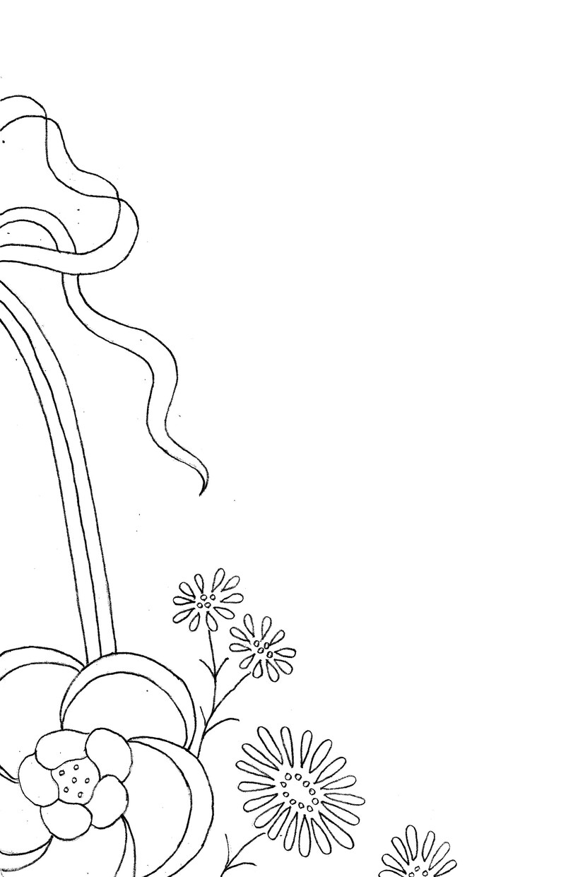 May include: A black and white line drawing of a flower with a large center and multiple petals. The flower is surrounded by smaller flowers with five petals each.