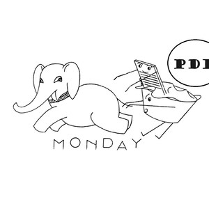 Elephant Digital Hand Embroidery & Applique pattern 5516 for Days of the Week Kitchen Towels 1950s PDF instant Download