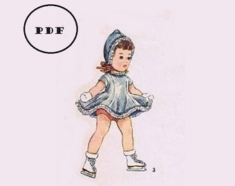Puede incluir: Una ilustración vintage de una niña con un vestido azul y un sombrero blanco, patinando sobre hielo. La ilustración está en color y tiene un fondo blanco.