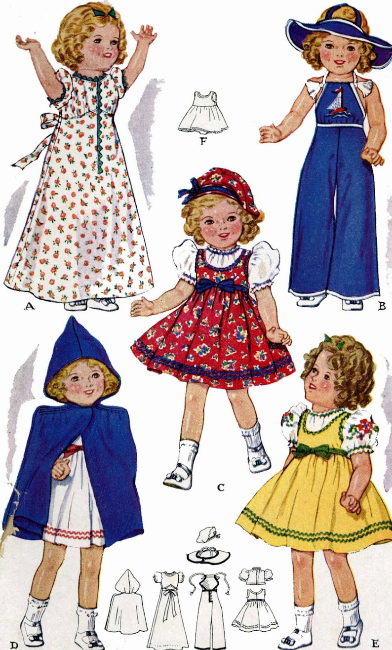Vintage 1930s Shirley Temple Doll Clothes Coat Hat Dress Pattern ~ 25/"