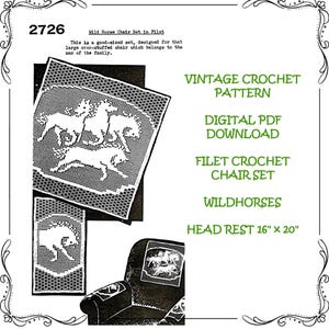 May include: Vintage crochet pattern for a wild horse chair set. The pattern includes instructions for a headrest measuring 16 inches by 20 inches. The pattern is a digital PDF download.