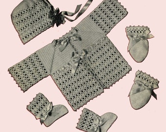 Baby Pullover Set Häkelanleitung - eine 1940er Jahre Säugling Häkelanleitung #501 Strickjacke Mütze Handschuhe Booties PDF sofort-Download