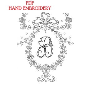 May include: Black and white line art embroidery pattern featuring a floral wreath with a letter B in the center. The text "PDF HAND EMBROIDERY" is at the top of the image.