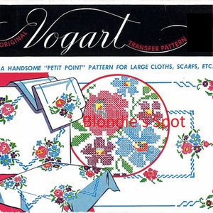 May include: A vintage Vogart transfer pattern for embroidery, featuring a floral design with pink, blue, and yellow flowers. The pattern is labeled "A Handsome "Petit Point" Pattern for Large Cloths, Scarfs, etc." and "116".