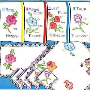 Digital Vintage Hand Embroidery Pattern 215 Flowers for Days of the Week Tea Towels Instant Download PDF files 1950s