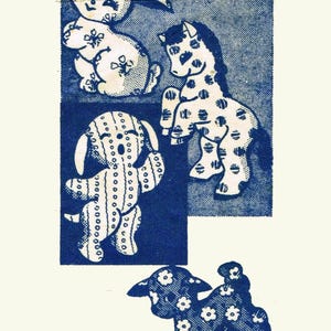 May include: A vintage PDF pattern for making four stuffed animal toys: a bunny, a horse, a dog, and a lamb. The pattern is printed on blue paper with white outlines of the animals. The animals are all wearing different patterns.