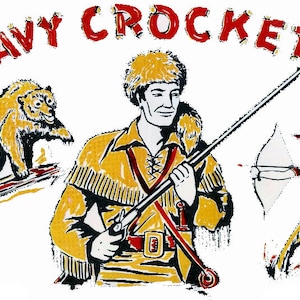May include: A vintage illustration of Davy Crockett, a frontiersman, holding a rifle. He is wearing a yellow and brown fur coat and a fur hat. A bear is standing on a log to the left of Crockett, and a Native American man is shooting an arrow to the right.