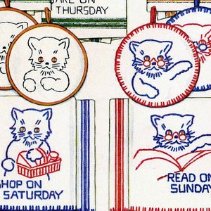 Kittens for Days of the Week Towels Hand Embroidery PATTERN 566 40&#39;s Digital PDF instant download