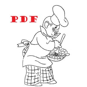 May include: A black and white line drawing of a chef wearing a hat and apron, stirring a bowl of food with a spoon. The word "PDF" is written in red letters at the top of the image.
