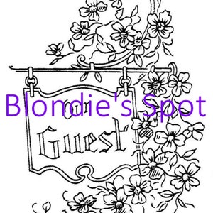 May include: Black and white line drawing of a sign with the words "Blondie's Spot" and "Guest" on it. The sign is decorated with a floral design.