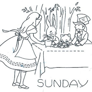 Digital Hand Embroidery Transfer Alice in Wonderland for Days of the Week Tea Towels  PDF instant download