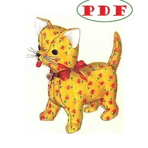May include: A vintage sewing pattern for a yellow and red floral print stuffed cat toy. The pattern includes instructions for making a cat with a red bow and a bell.
