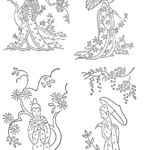 May include: Four black and white line drawings of women in traditional Japanese clothing. Each woman is depicted with a different pose and floral background.