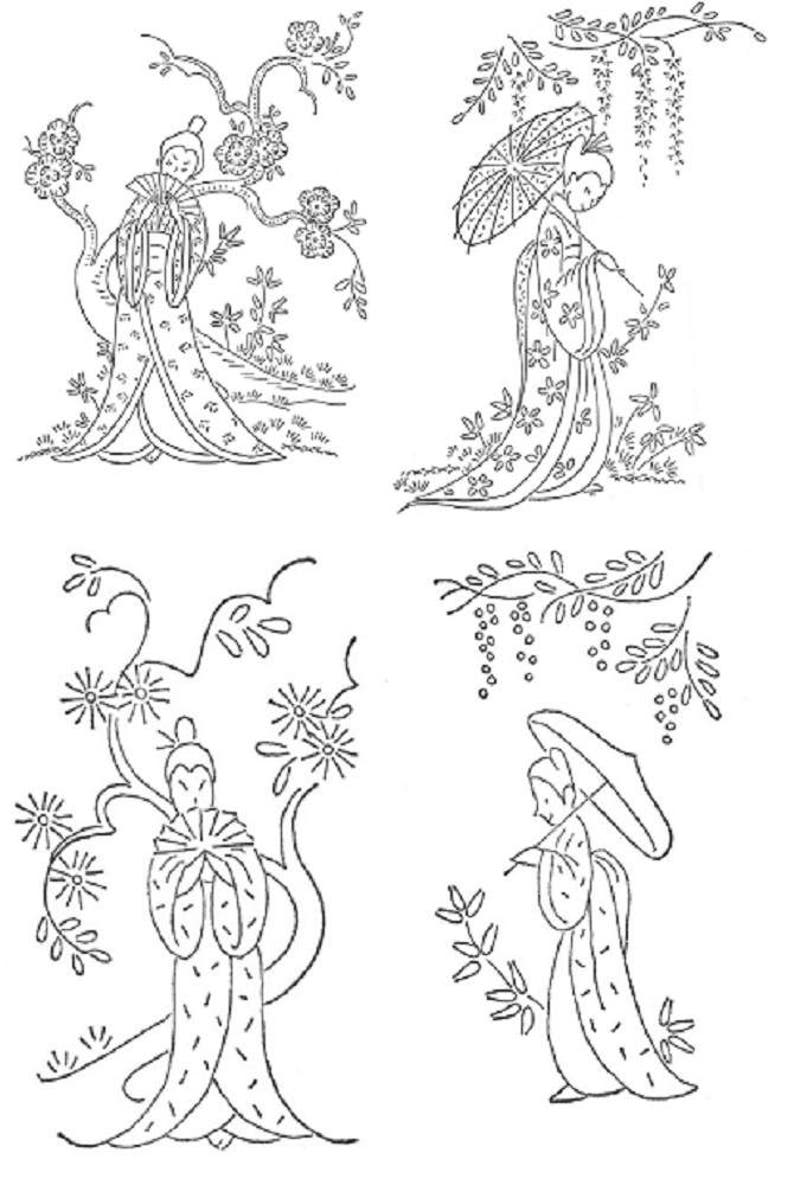 May include: Four black and white line drawings of women in traditional Japanese clothing. Each woman is depicted with a different pose and floral background.