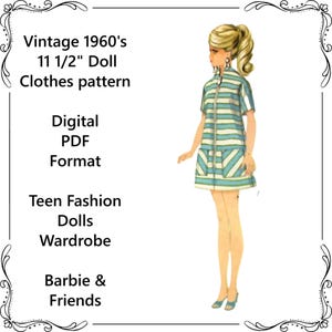 May include: A digital PDF sewing pattern for 11 1/2 inch doll clothes, featuring a 1960s style dress with horizontal teal and white stripes, a front zipper, and two pockets. The text reads: Vintage 1960's 11 1/2" Doll Clothes pattern, Digital PDF Format, Teen Fashion Dolls Wardrobe, Barbie & Friends.