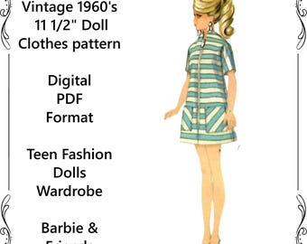 Vintage Barbie doll Clothes pattern - Instant Download PDF - Wardrobe for Teen Fashion Model dolls -