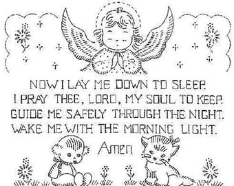 May include: Black and white illustration of a praying angel with wings, a child, and a cat. The illustration includes the text "NOW I LAY ME DOWN TO SLEEP. I PRAY THEE, LORD, MY SOUL TO KEEP. GUIDE ME SAFELY THROUGH THE NIGHT. WAKE ME WITH THE MORNING LIGHT. Amen".