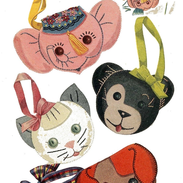 Vintage Toy Pattern 7362 Children's purse made of felt Kitten Panda Bear Elephant Puppy 1940's Digital PDF format Instant Download