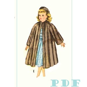 May include: A vintage illustration of a young girl wearing a brown fur coat and a blue dress. The illustration is on a white background with the word "PDF" in blue text at the bottom.