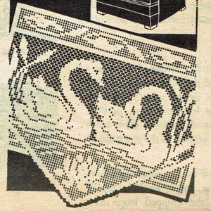 May include: Black and white image of a crochet pattern with a bird design. The pattern is made up of small dots and lines.