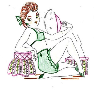Patrón de bordado a mano digital 138 chicas pin up y señoritas traviesas de los noventa para paños de cocina, bolsillos para delantales, fundas para electrodomésticos y agarraderas de los años 50