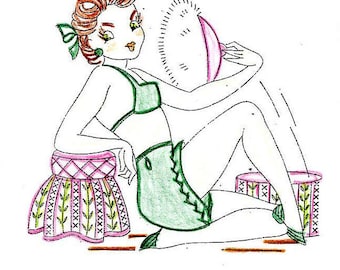 Digital Hand Embroidery Pattern 138 Pin Up Girls & Naughty Ninety's Misses for Dish Towels, Apron Pockets, Appliance Covers, Potholders 50's