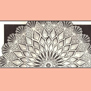 May include: A black and white crocheted doily with a circular design featuring a repeating pattern of leaves and diamonds.