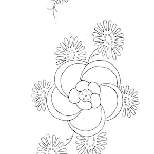 May include: A black and white line drawing of a floral design with a large flower in the center and smaller flowers surrounding it.