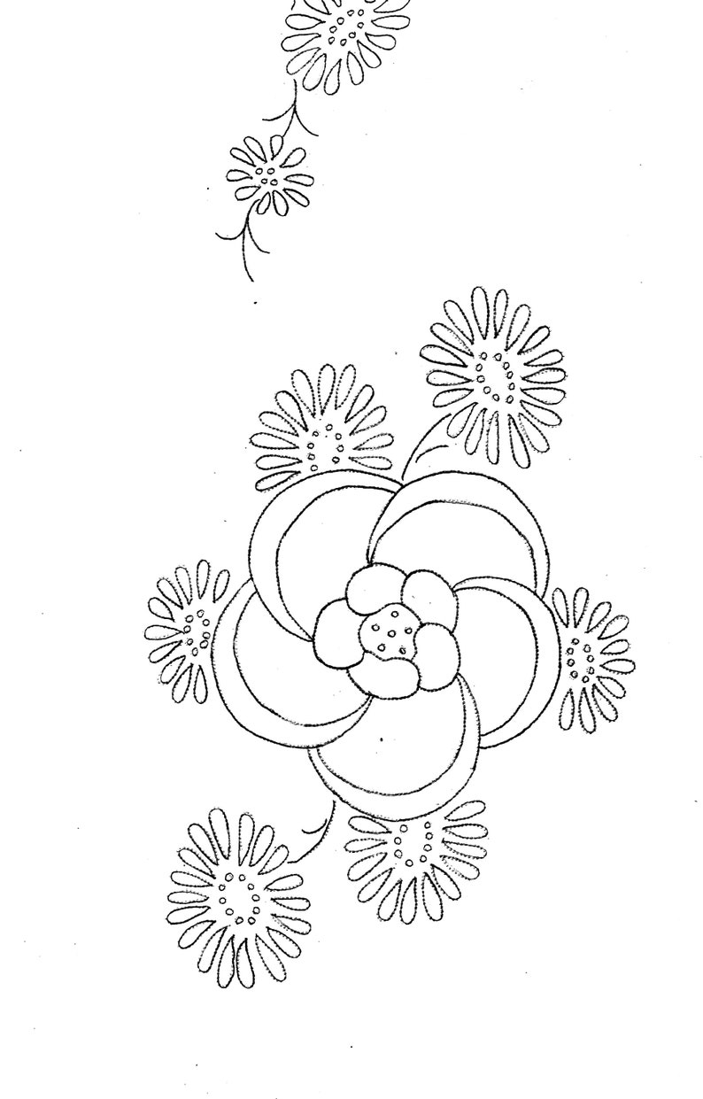 May include: A black and white line drawing of a floral design with a large flower in the center and smaller flowers surrounding it.