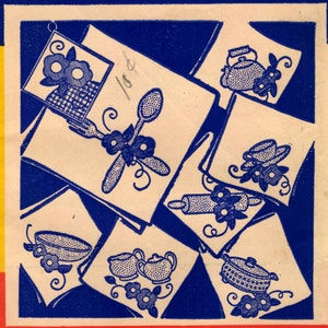 May include: A blue and white illustration of kitchen items on a white background. The items include a teapot, a rolling pin, a bowl, a spoon, a cup and saucer, and a sugar bowl and creamer. The illustration is surrounded by a blue border.