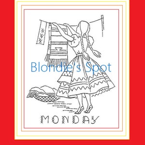 May include: Black and white line drawing of a girl hanging laundry on a clothesline. The girl is wearing a dress with a patterned skirt and has her hair in braids. The text "MONDAY" is written below the image.