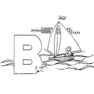 Puede incluir: Una ilustraci&oacute;n en blanco y negro de la letra "B" con un velero en el agua. El velero tiene una sola vela y una persona sentada en el barco.