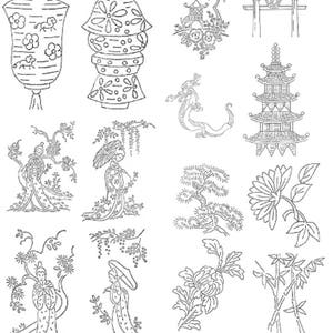 May include: A collection of 14 black and white line drawings of Japanese-inspired designs. The designs include a pagoda, a torii gate, a dragon, a lantern, a woman in a kimono, a pine tree, a chrysanthemum flower, and bamboo.
