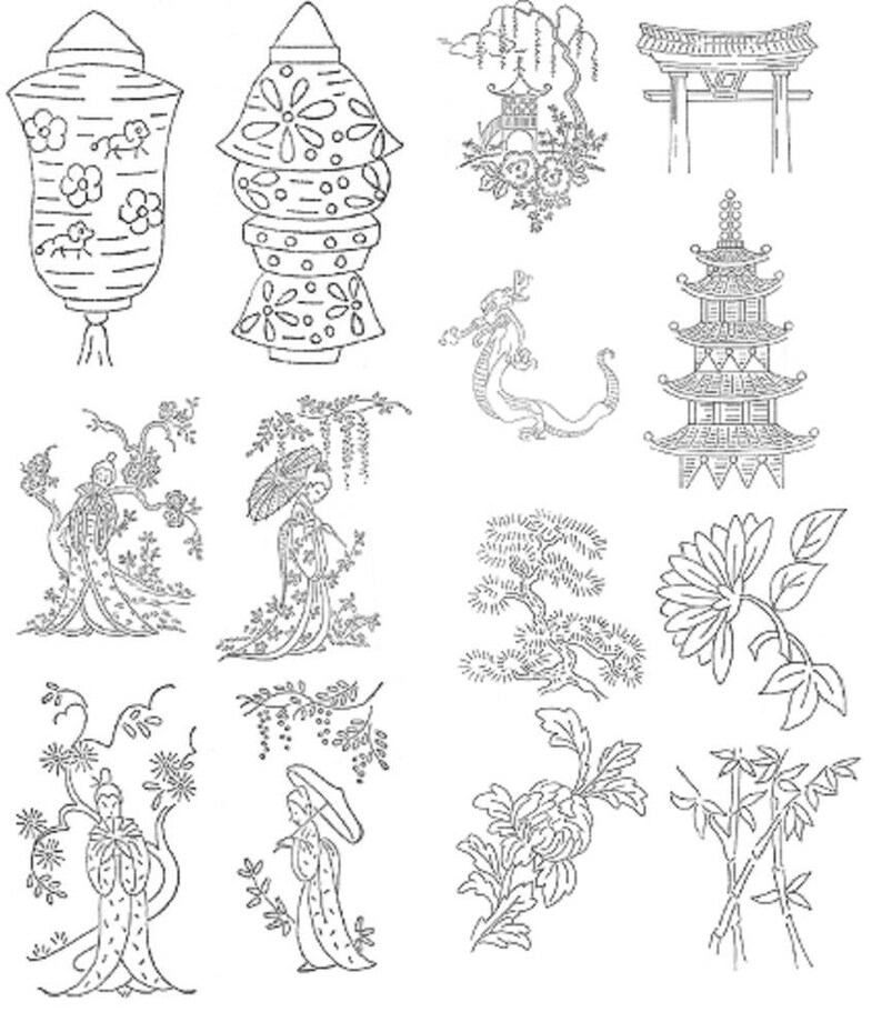 May include: A collection of 14 black and white line drawings of Japanese-inspired designs. The designs include a pagoda, a torii gate, a dragon, a lantern, a woman in a kimono, a pine tree, a chrysanthemum flower, and bamboo.