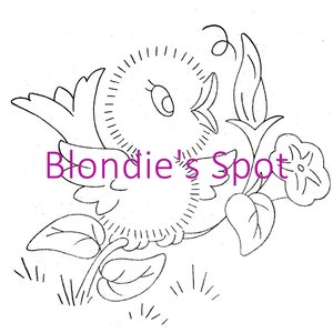 May include: A black and white line drawing of a bird perched on a flower stem. The bird is facing right and has a large, round head. The flower has a single, large petal. The text "Blondie's Spot" is written below the bird.