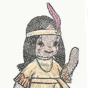 Könnte beinhalten: Eine handgezeichnete Illustration einer Indianerpuppe, die ein braunes Kleid mit einer Perlenkette, einem Stirnband und einer rosa Feder trägt. Die Puppe hat schwarze Haare und braune Augen.