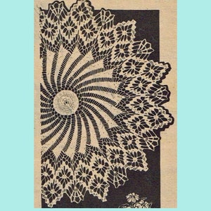 May include: Black and white vintage crochet pattern for a doily with a spiral design and a floral border.