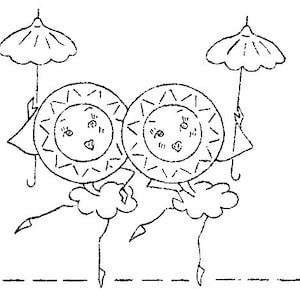 May include: Two black and white illustrations of stylized suns with faces, each holding an umbrella. The suns are wearing skirts and have legs and feet. The suns are standing on clouds.