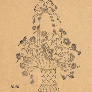 May include: A black and white line drawing of a basket of flowers with a bow on top. The basket is woven and has a handle. The flowers are stylized and have a simple design. The number 1606 is printed below the basket.