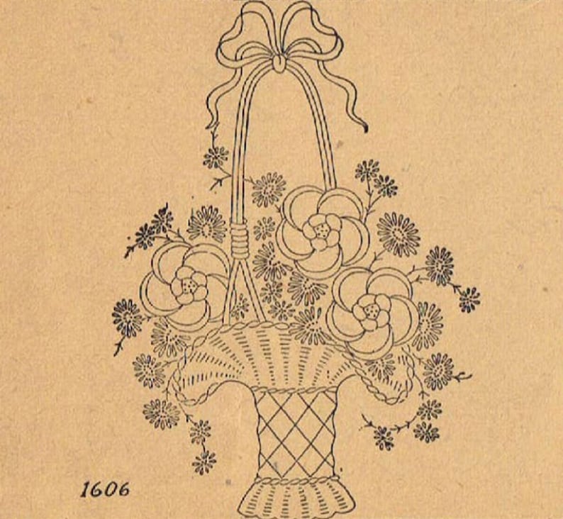 May include: A black and white line drawing of a basket of flowers with a bow on top. The basket is woven and has a handle. The flowers are stylized and have a simple design. The number 1606 is printed below the basket.