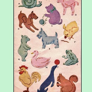 May include: A vintage illustration of 12 applique motifs for a pet show. The motifs include a snail, dog, cat, lamb, chick, terrier, bear, swan, frog, rooster, seal, and squirrel. The motifs are in various colors, including pink, blue, green, yellow, and brown.