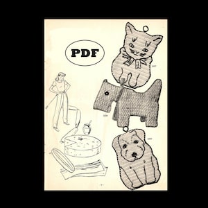 Op de afbeelding: Een zwart-witte illustratie van een kat en twee honden. De kat zit op een van de honden. De illustratie is afkomstig uit een vintage knutselboek en bevat de tekst "PDF".