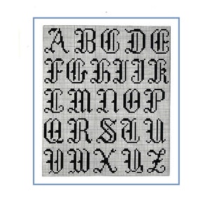 May include: Black and white alphabet cross stitch pattern with letters A through Z in a traditional old English font.