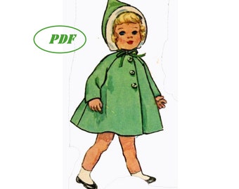 Patrón de ropa de muñeca vintage 4652 para muñeca niña de 20 1/2" con pies planos - Descarga en PDF imprimible - Delantal, chaleco, pijama y gorra