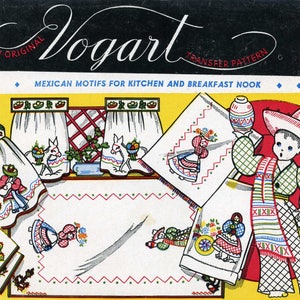 May include: A vintage transfer pattern for kitchen and breakfast nook decor featuring Mexican motifs. The pattern includes a burro, a woman in a traditional dress, a cactus, and a pitcher. The pattern is printed on a white background with red, green, and blue accents.