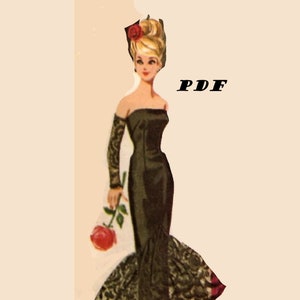 May include: A vintage illustration of a woman wearing a black strapless gown with a lace overlay and a red rose. The gown has a fitted bodice and a flowing skirt. The woman is wearing her hair up in a bouffant style and has a red rose in her hair. The illustration is in a vintage style and has a retro feel.