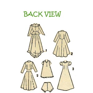 May include: Back view of a sewing pattern for a dress with different styles. The pattern includes a long-sleeved dress with a ruffled hem, a short-sleeved dress with a ruffled hem, a dress with a separate skirt and jacket, and a nightgown with a ruffled hem.