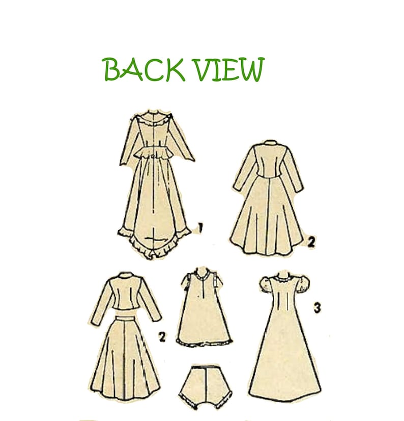 May include: Back view of a sewing pattern for a dress with different styles. The pattern includes a long-sleeved dress with a ruffled hem, a short-sleeved dress with a ruffled hem, a dress with a separate skirt and jacket, and a nightgown with a ruffled hem.